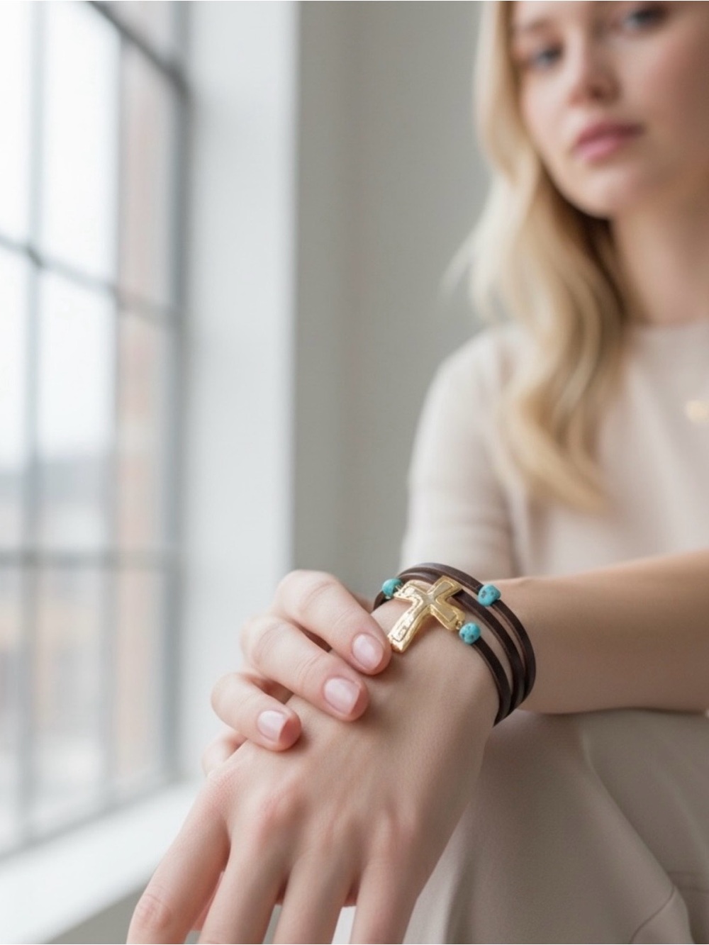 Gold Cross Turquoise Leather Wrap Bracelet